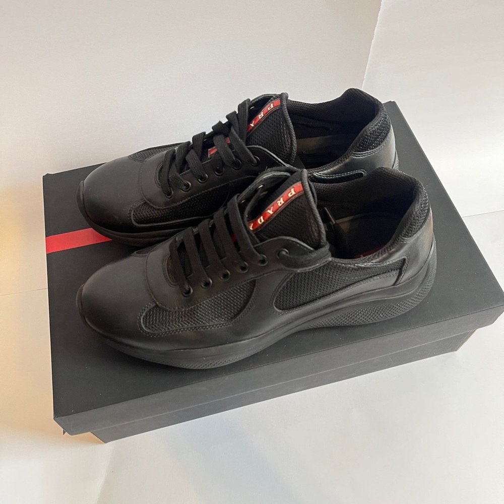 Prada Men's America’s Cup Soft Bike Low Top Black and Red Sneakers